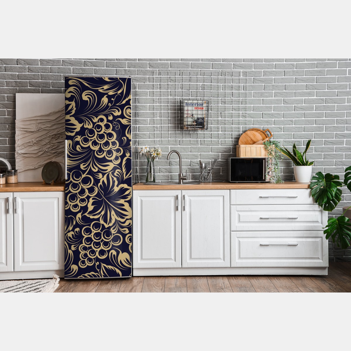 Naklejka na lodówkę elegancki barokowy wzór z winogronami w złocie – Wallissimo® Naklejka na lodówkę elegancki barokowy wzór z winogronami w złocie – Wallissimo®