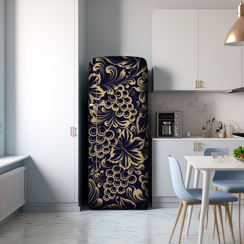 Naklejka na lodówkę elegancki barokowy wzór z winogronami w złocie – Wallissimo® Naklejka na lodówkę elegancki barokowy wzór z winogronami w złocie – Wallissimo®