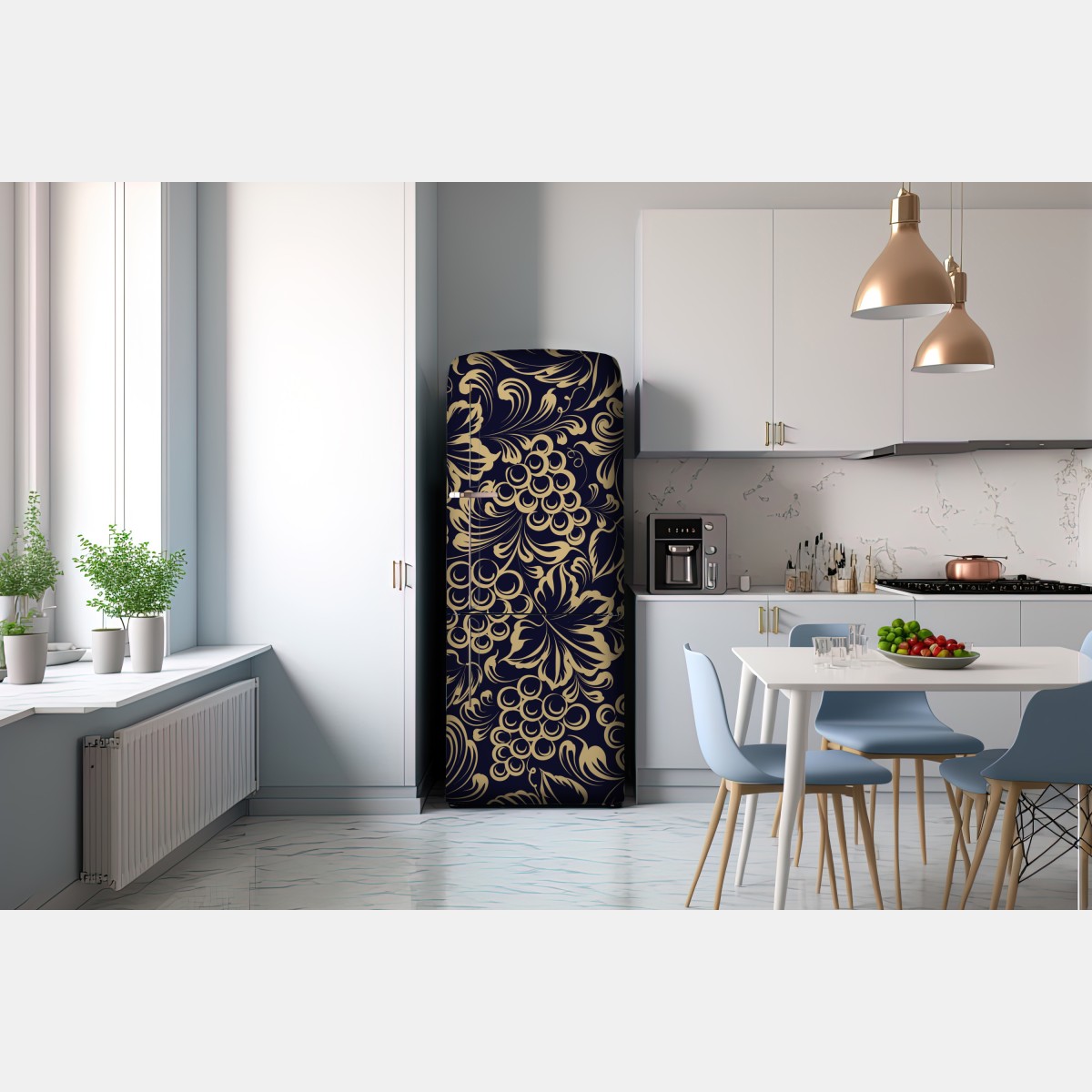 Naklejka na lodówkę elegancki barokowy wzór z winogronami w złocie – Wallissimo® Naklejka na lodówkę elegancki barokowy wzór z winogronami w złocie – Wallissimo®