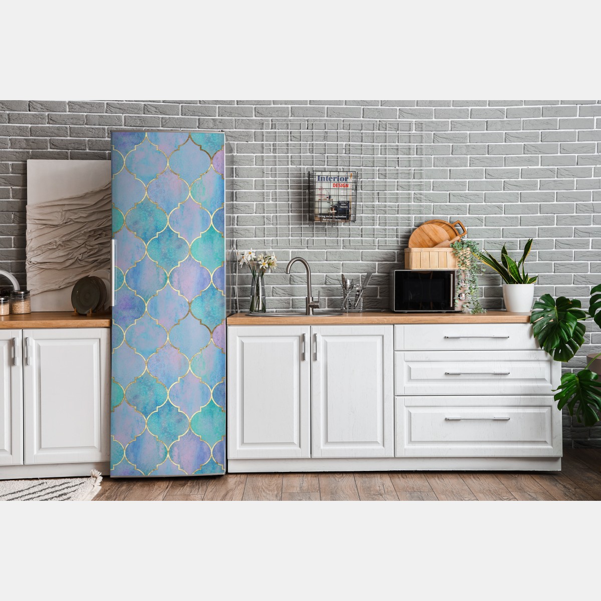 Naklejka na lodówkę pastelowy turkusowy wzór marokańskich płytek – Wallissimo® Naklejka na lodówkę pastelowy turkusowy wzór marokańskich płytek – Wallissimo®