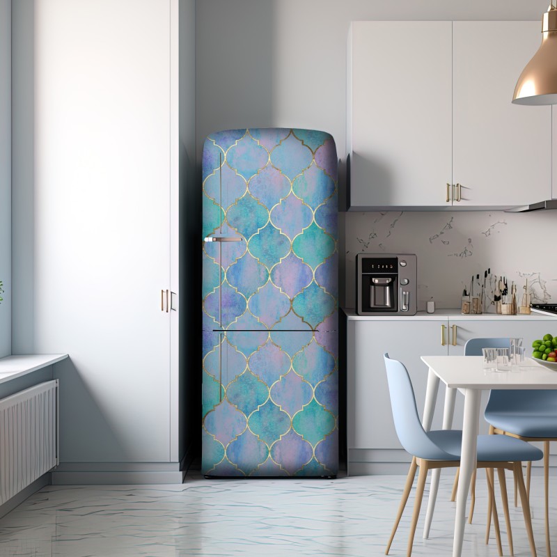 Naklejka na lodówkę pastelowy turkusowy wzór marokańskich płytek – Wallissimo® Naklejka na lodówkę pastelowy turkusowy wzór marokańskich płytek – Wallissimo®