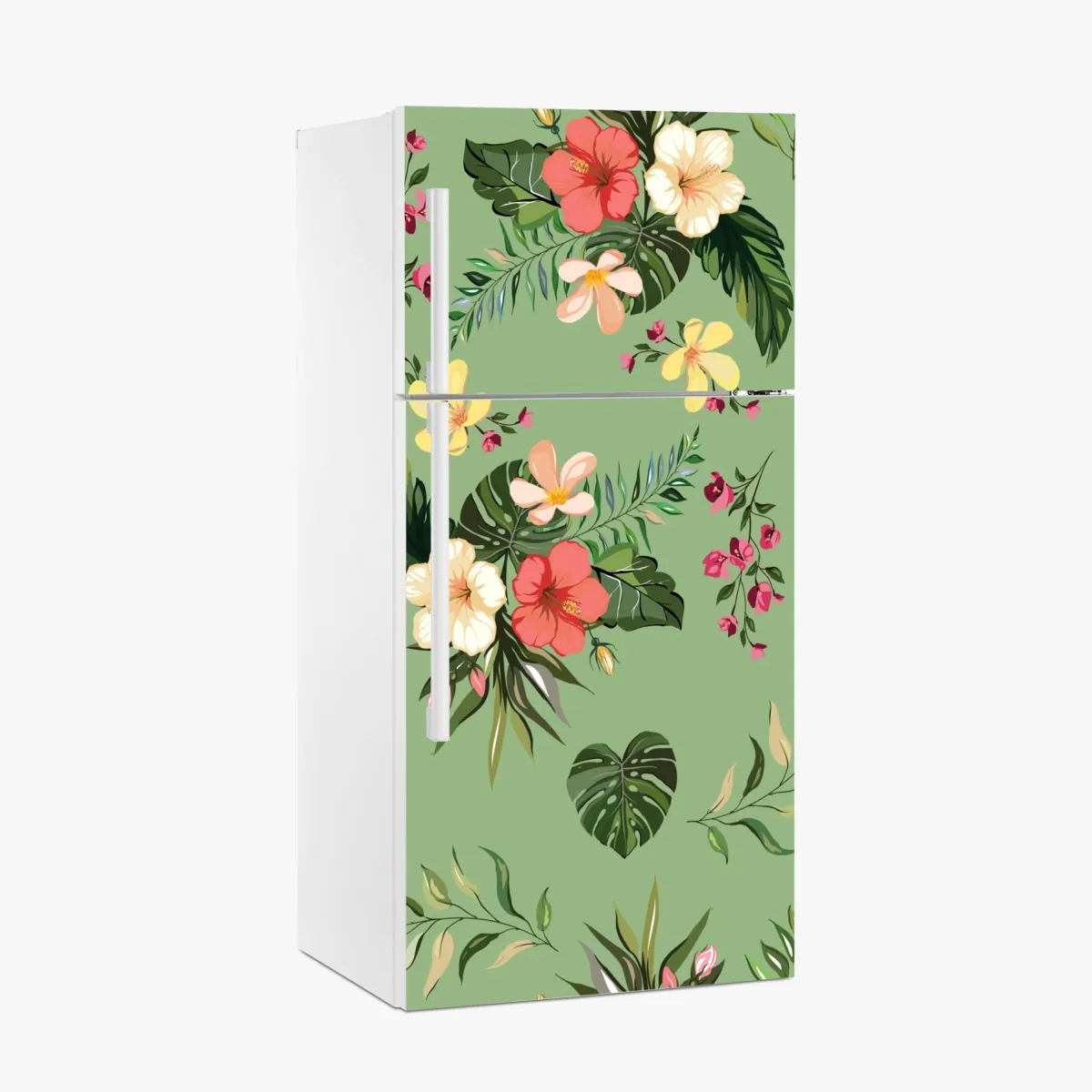 Naklejka na lodówkę zielony tropikalny wzór hibiskusa – Wallissimo® Naklejka na lodówkę zielony tropikalny wzór hibiskusa – Wallissimo®
