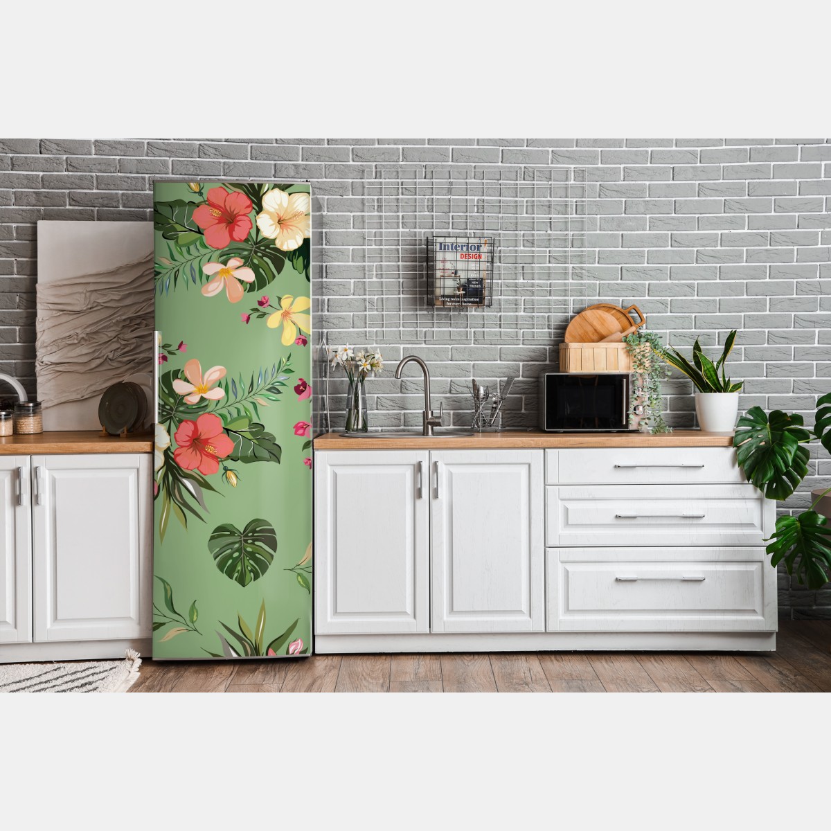 Naklejka na lodówkę zielony tropikalny wzór hibiskusa – Wallissimo® Naklejka na lodówkę zielony tropikalny wzór hibiskusa – Wallissimo®