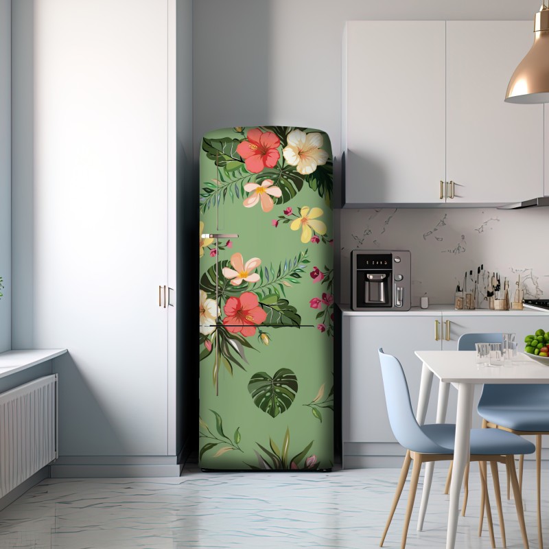 Naklejka na lodówkę zielony tropikalny wzór hibiskusa – Wallissimo® Naklejka na lodówkę zielony tropikalny wzór hibiskusa – Wallissimo®