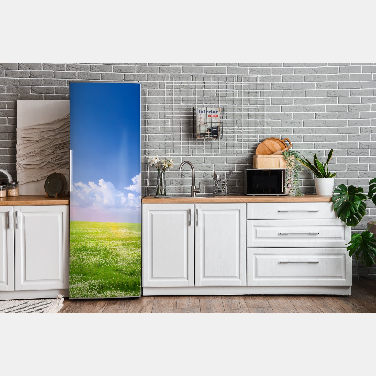 Naklejka na lodówkę słoneczna wiosenna łąka pod niebieskim niebem – Wallissimo® Naklejka na lodówkę słoneczna wiosenna łąka pod niebieskim niebem – Wallissimo®