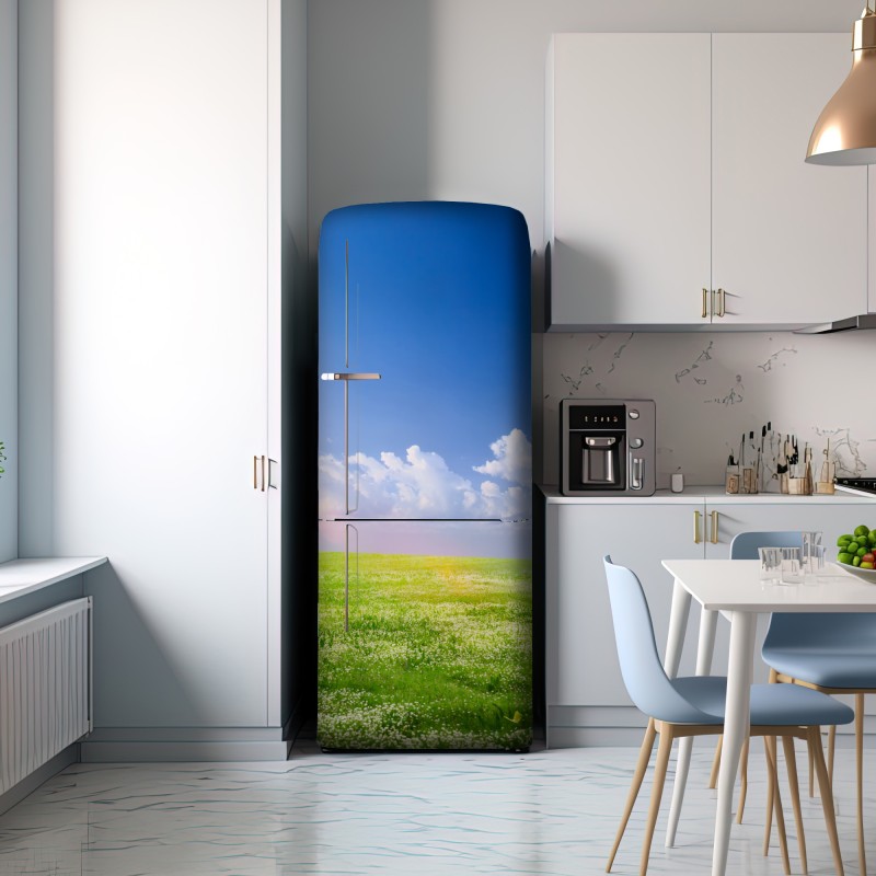 Naklejka na lodówkę słoneczna wiosenna łąka pod niebieskim niebem – Wallissimo® Naklejka na lodówkę słoneczna wiosenna łąka pod niebieskim niebem – Wallissimo®