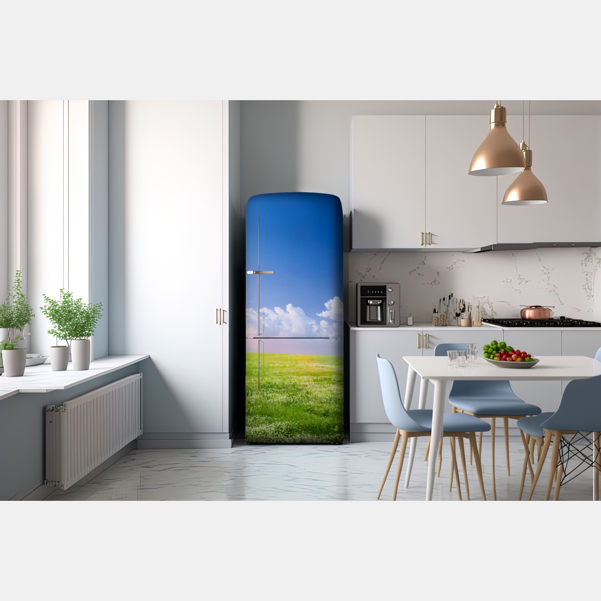 Naklejka na lodówkę słoneczna wiosenna łąka pod niebieskim niebem – Wallissimo® Naklejka na lodówkę słoneczna wiosenna łąka pod niebieskim niebem – Wallissimo®