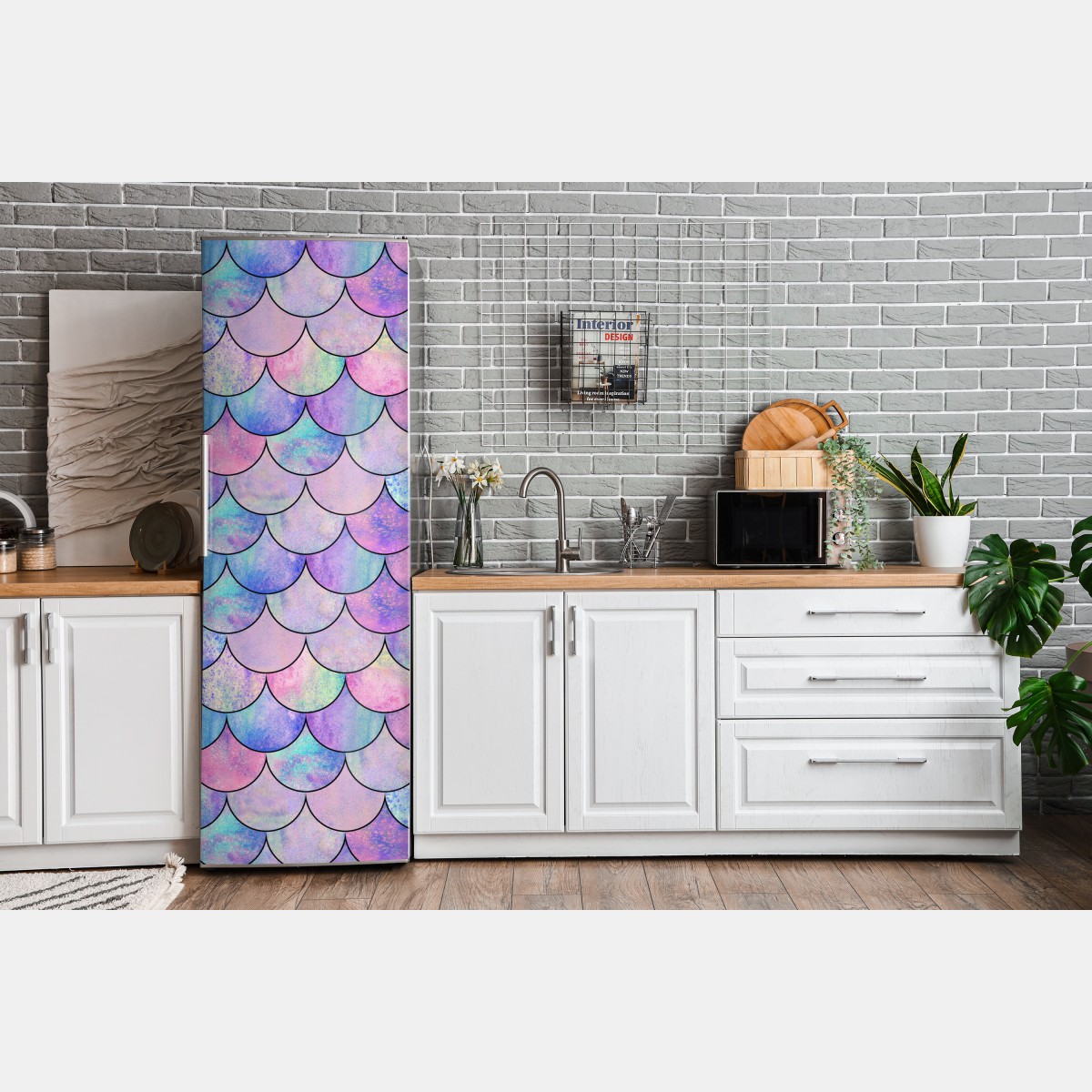 Naklejka na lodówkę pastelowy wzór łusek syreny – Wallissimo® Naklejka na lodówkę pastelowy wzór łusek syreny – Wallissimo®