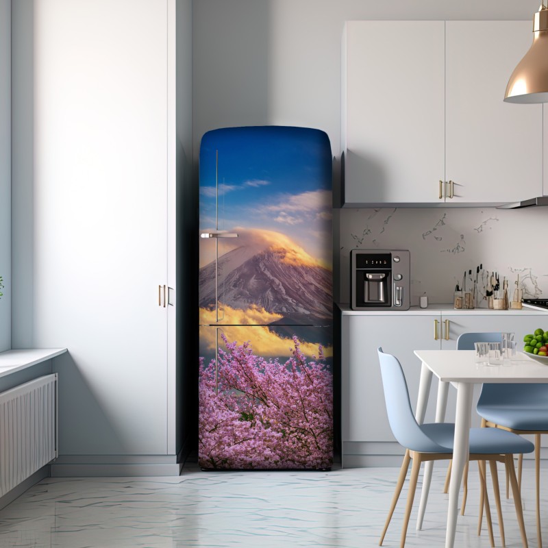 Naklejka na lodówkę Góra Fuji z kwitnącą sakurą o wschodzie słońca – Wallissimo® Naklejka na lodówkę Góra Fuji z kwitnącą sakurą o wschodzie słońca – Wallissimo®