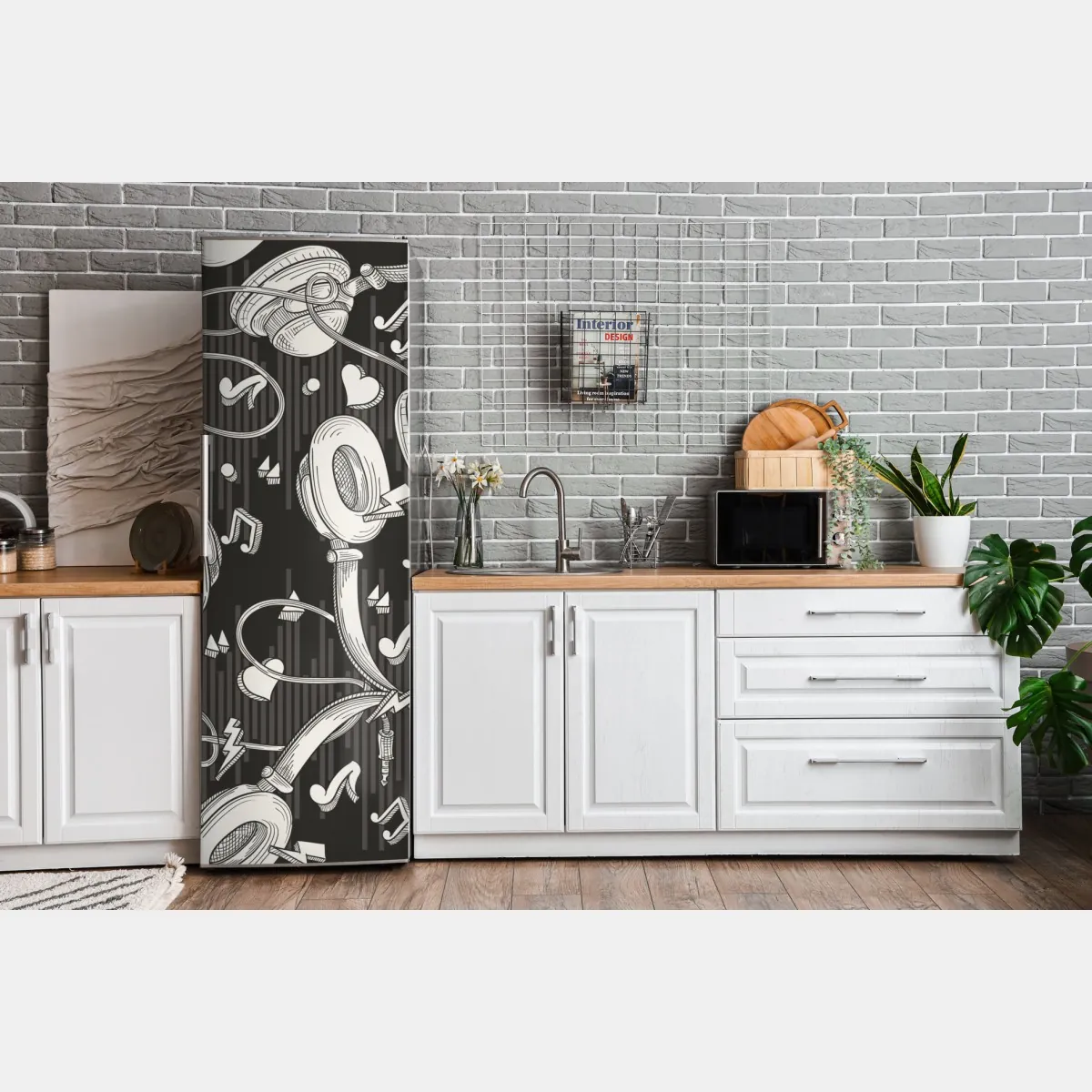 Naklejka na lodówkę monochromatyczny wzór słuchawek i nut – Wallissimo® Naklejka na lodówkę monochromatyczny wzór słuchawek i nut – Wallissimo®