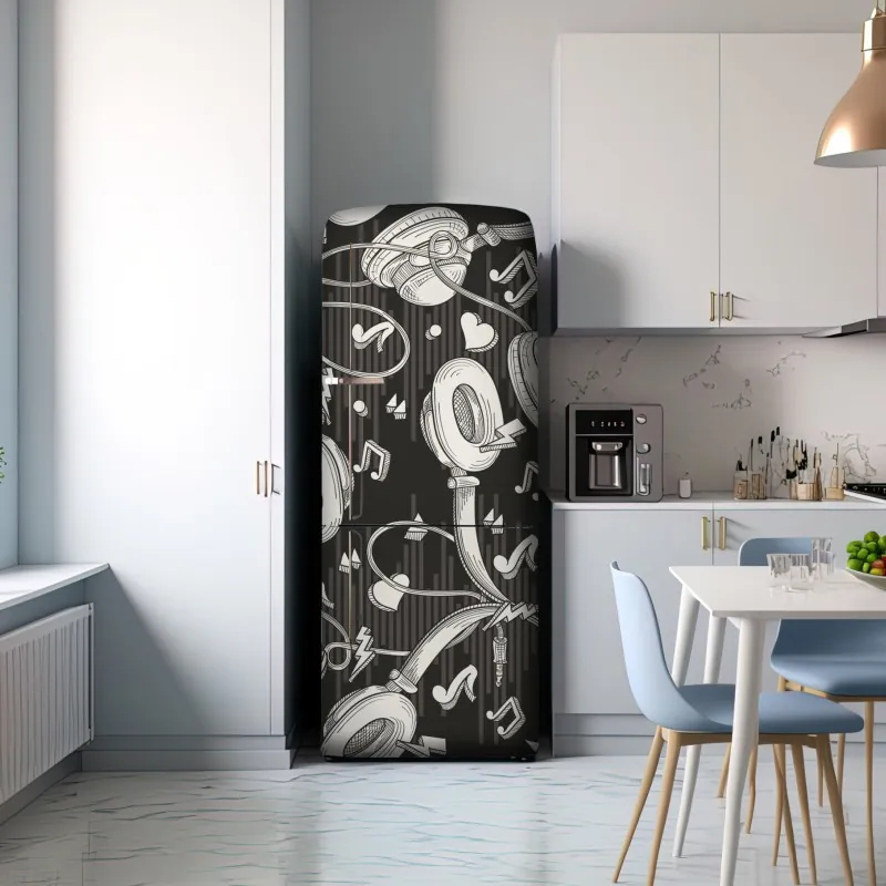 Naklejka na lodówkę monochromatyczny wzór słuchawek i nut – Wallissimo® Naklejka na lodówkę monochromatyczny wzór słuchawek i nut – Wallissimo®
