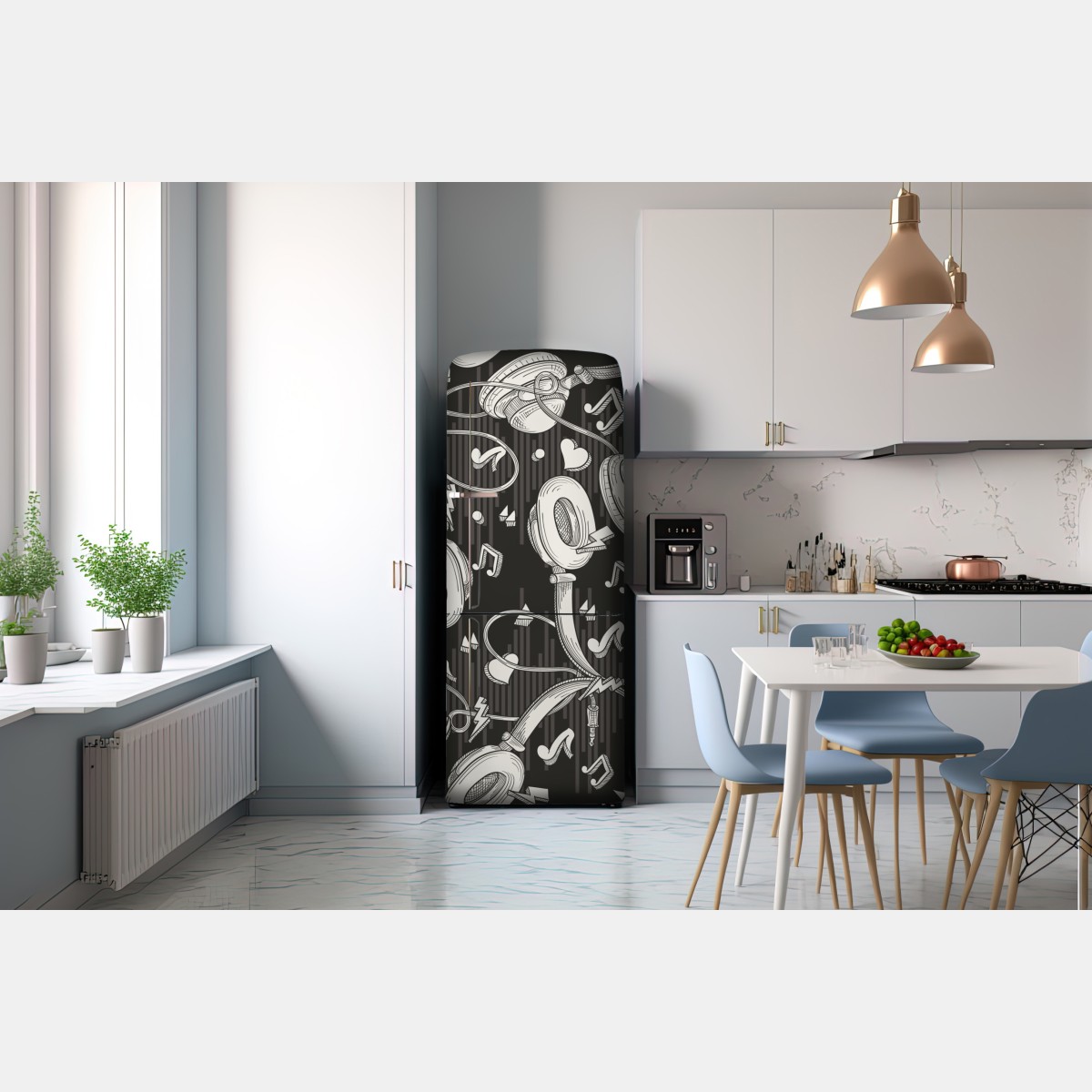 Naklejka na lodówkę monochromatyczny wzór słuchawek i nut – Wallissimo® Naklejka na lodówkę monochromatyczny wzór słuchawek i nut – Wallissimo®