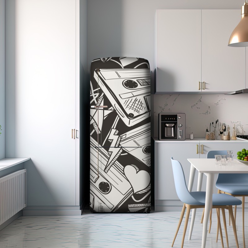 Naklejka na lodówkę wzór kaset magnetofonowych w stylu retro – Wallissimo® Naklejka na lodówkę wzór kaset magnetofonowych w stylu retro – Wallissimo®
