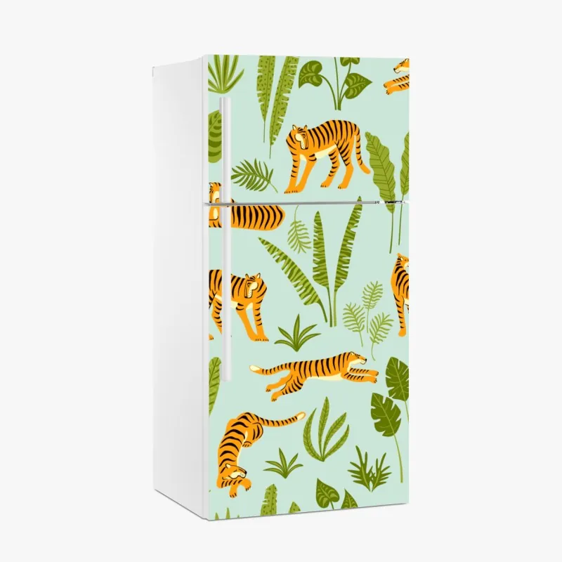 Naklejka na lodówkę egzotyczne tygrysy wśród liści