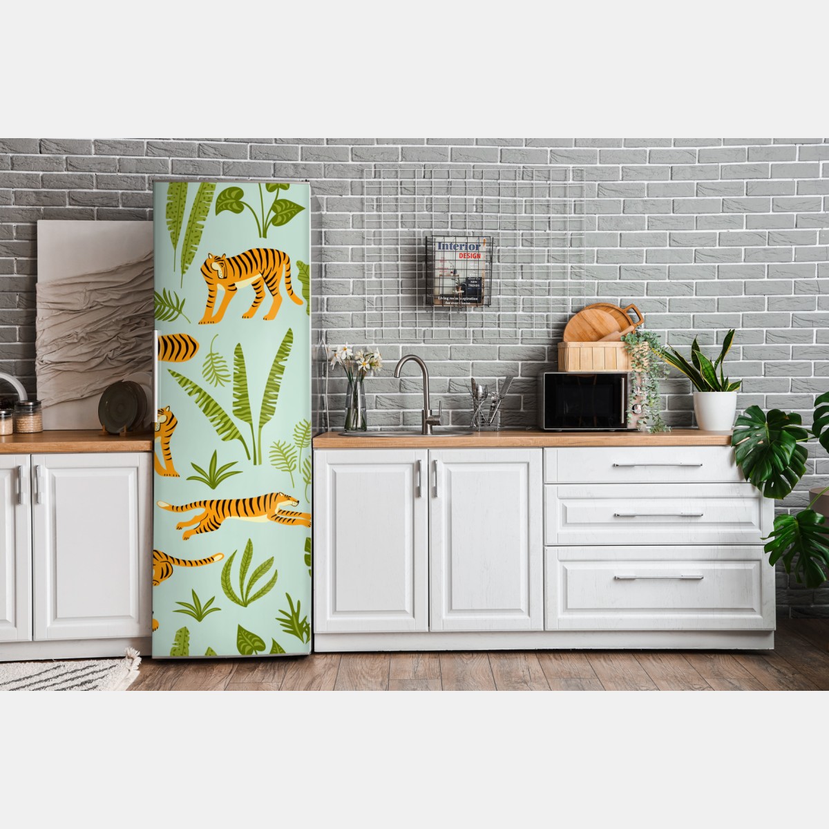 Naklejka na lodówkę egzotyczne tygrysy wśród liści – Wallissimo® Naklejka na lodówkę egzotyczne tygrysy wśród liści – Wallissimo®