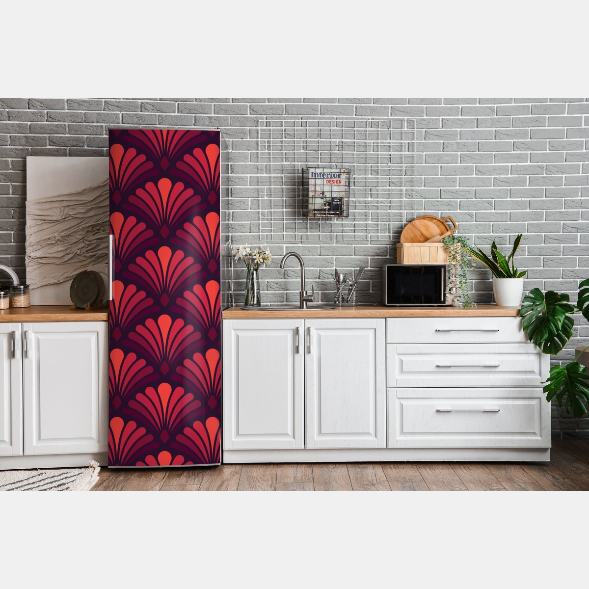 Naklejka na lodówkę elegancki motyw art deco w odcieniach bordo i koralu – Wallissimo® Naklejka na lodówkę elegancki motyw art deco w odcieniach bordo i koralu – Wallissimo®