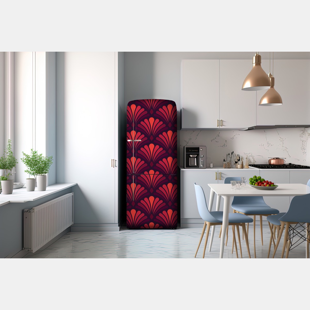 Naklejka na lodówkę elegancki motyw art deco w odcieniach bordo i koralu – Wallissimo® Naklejka na lodówkę elegancki motyw art deco w odcieniach bordo i koralu – Wallissimo®