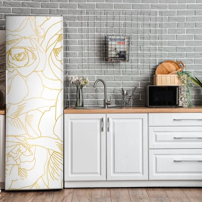 Naklejka na lodówkę delikatne złote róże — elegancki wzór kwiatowy – Wallissimo® Naklejka na lodówkę delikatne złote róże — elegancki wzór kwiatowy – Wallissimo®