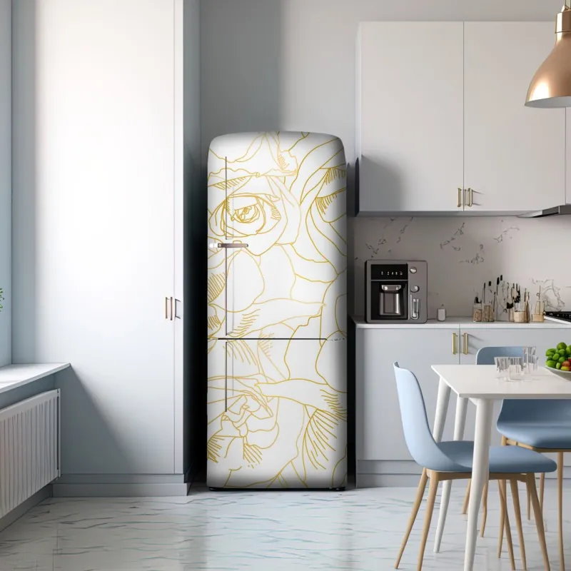 Naklejka na lodówkę delikatne złote róże — elegancki wzór kwiatowy – Wallissimo® Naklejka na lodówkę delikatne złote róże — elegancki wzór kwiatowy – Wallissimo®