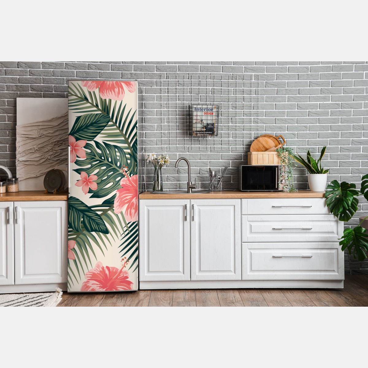 Naklejka na lodówkę tropikalny wzór hibiskusa – Wallissimo® Naklejka na lodówkę tropikalny wzór hibiskusa – Wallissimo®