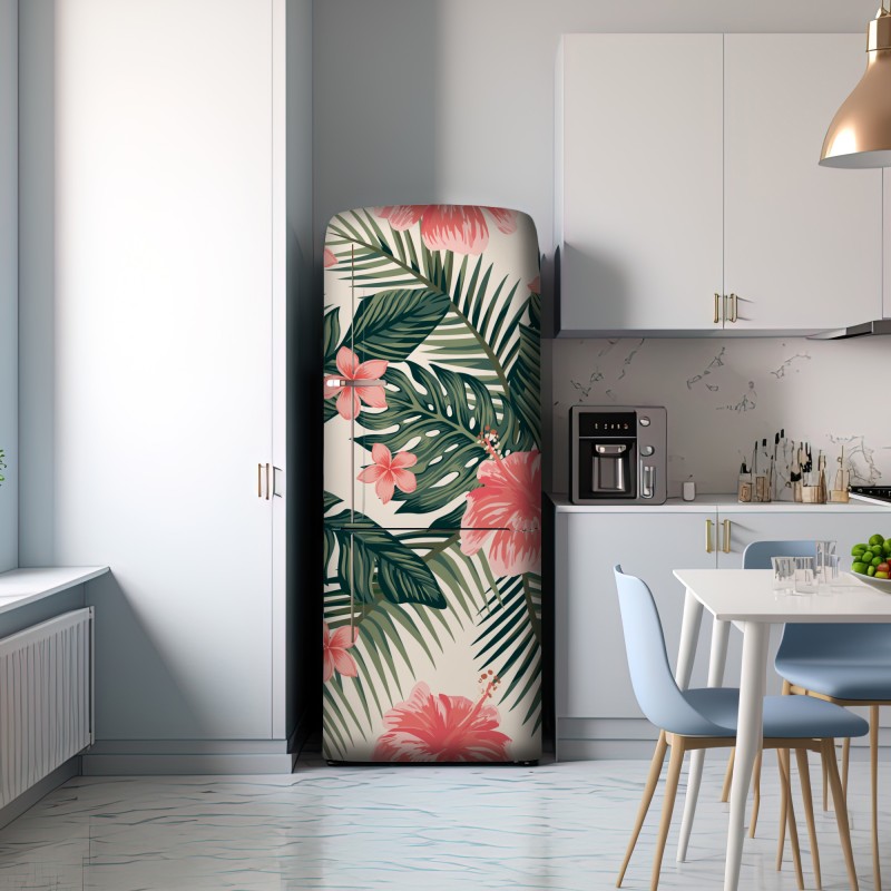 Naklejka na lodówkę tropikalny wzór hibiskusa – Wallissimo® Naklejka na lodówkę tropikalny wzór hibiskusa – Wallissimo®