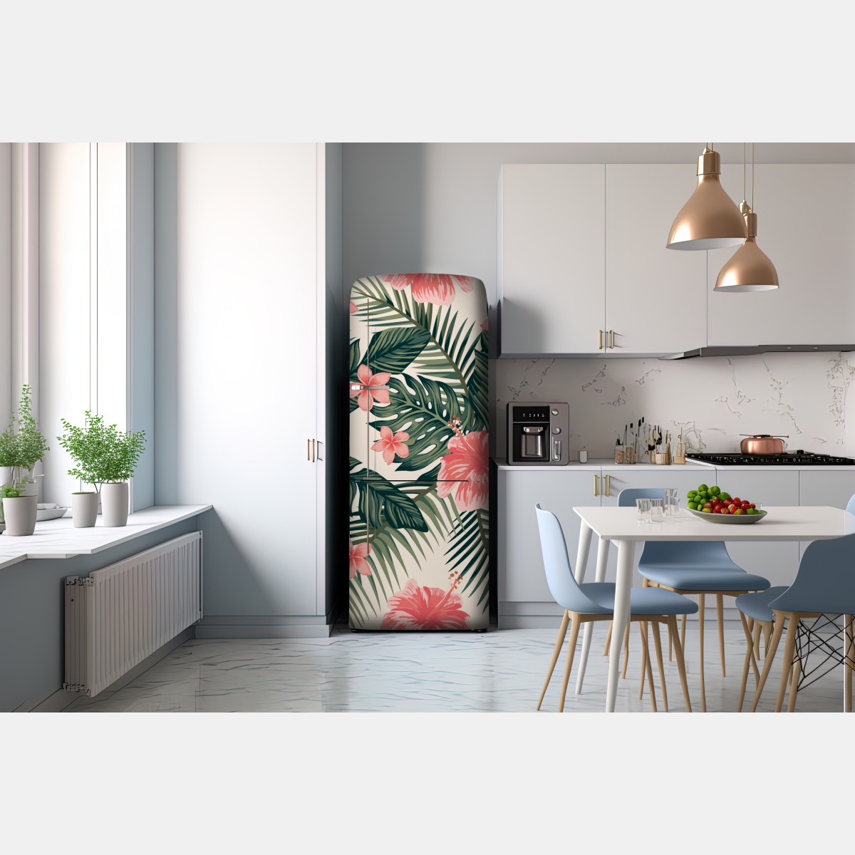 Naklejka na lodówkę tropikalny wzór hibiskusa – Wallissimo® Naklejka na lodówkę tropikalny wzór hibiskusa – Wallissimo®