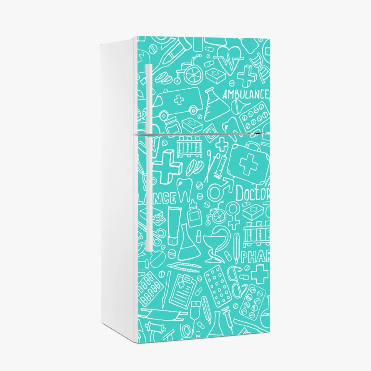 Naklejka na lodówkę turkusowy wzór z ikonami medycznymi – Wallissimo® Naklejka na lodówkę turkusowy wzór z ikonami medycznymi – Wallissimo®