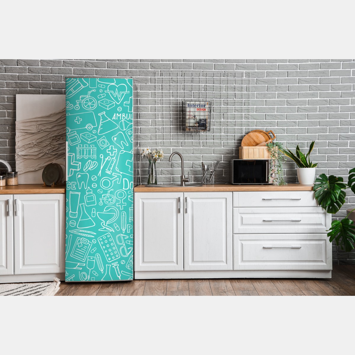 Naklejka na lodówkę turkusowy wzór z ikonami medycznymi – Wallissimo® Naklejka na lodówkę turkusowy wzór z ikonami medycznymi – Wallissimo®