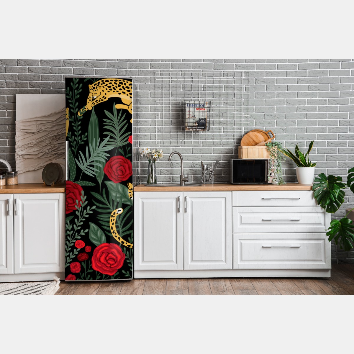 Naklejka na lodówkę złote gepardy i czerwone róże – Wallissimo® Naklejka na lodówkę złote gepardy i czerwone róże – Wallissimo®