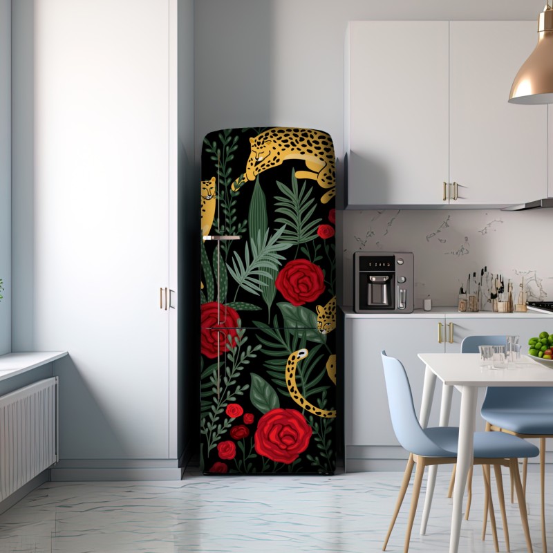 Naklejka na lodówkę złote gepardy i czerwone róże – Wallissimo® Naklejka na lodówkę złote gepardy i czerwone róże – Wallissimo®