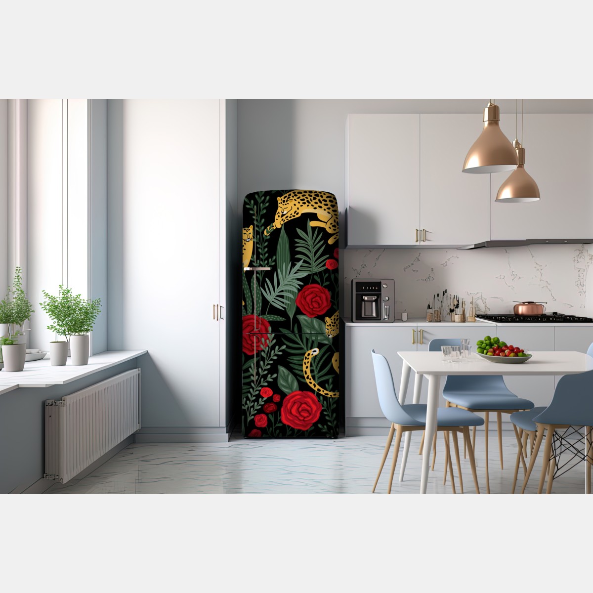Naklejka na lodówkę złote gepardy i czerwone róże – Wallissimo® Naklejka na lodówkę złote gepardy i czerwone róże – Wallissimo®
