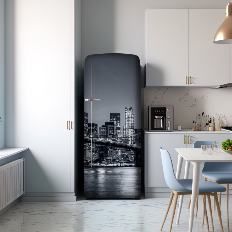 Naklejka na lodówkę Nowy Jork panorama nocna z Mostem Brooklińskim – Wallissimo® Naklejka na lodówkę Nowy Jork panorama nocna z Mostem Brooklińskim – Wallissimo®