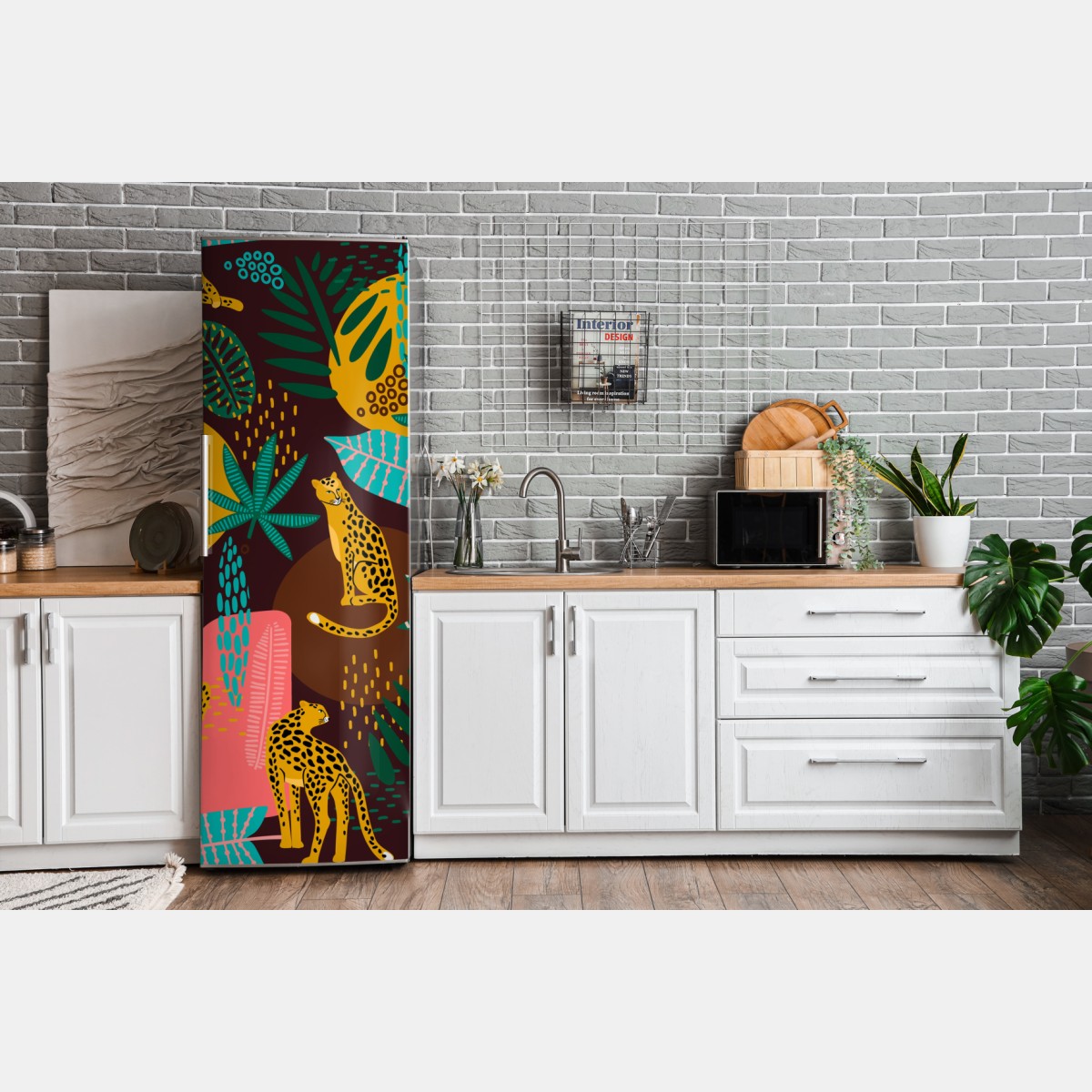 Naklejka na lodówkę tropikalny wzór z gepardami i żywą roślinnością – Wallissimo® Naklejka na lodówkę tropikalny wzór z gepardami i żywą roślinnością – Wallissimo®