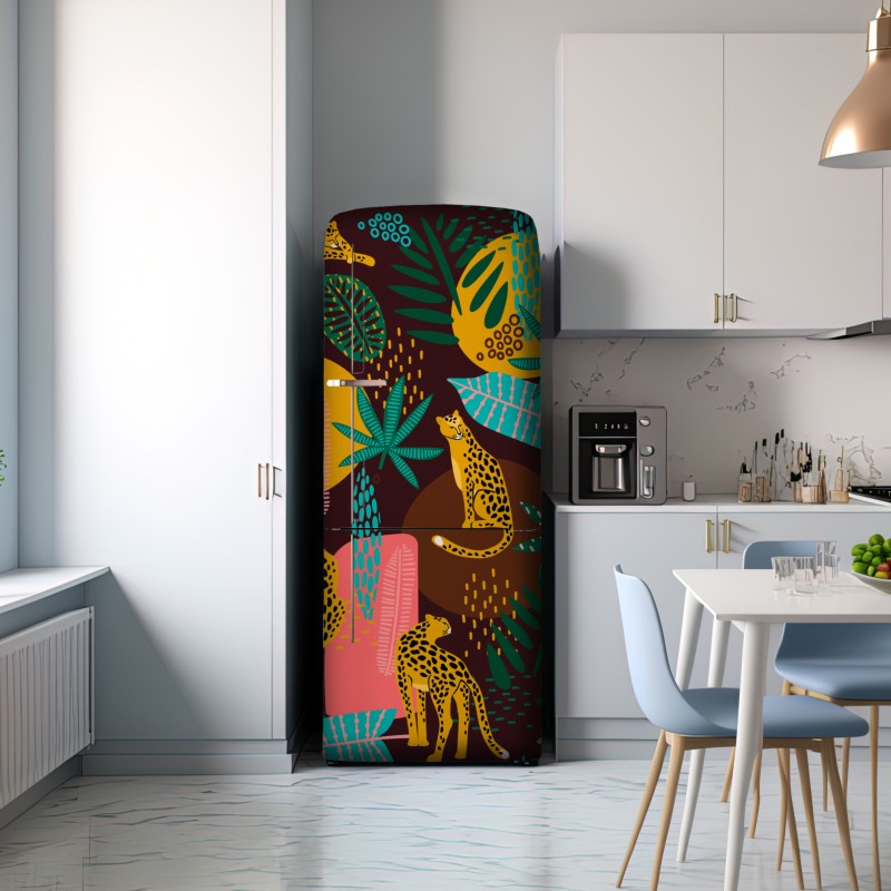 Naklejka na lodówkę tropikalny wzór z gepardami i żywą roślinnością – Wallissimo® Naklejka na lodówkę tropikalny wzór z gepardami i żywą roślinnością – Wallissimo®