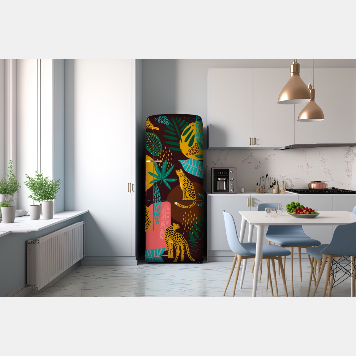 Naklejka na lodówkę tropikalny wzór z gepardami i żywą roślinnością – Wallissimo® Naklejka na lodówkę tropikalny wzór z gepardami i żywą roślinnością – Wallissimo®