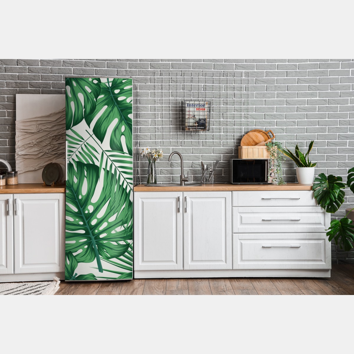 Naklejka na lodówkę tropikalny wzór liści monstery i palm – Wallissimo® Naklejka na lodówkę tropikalny wzór liści monstery i palm – Wallissimo®
