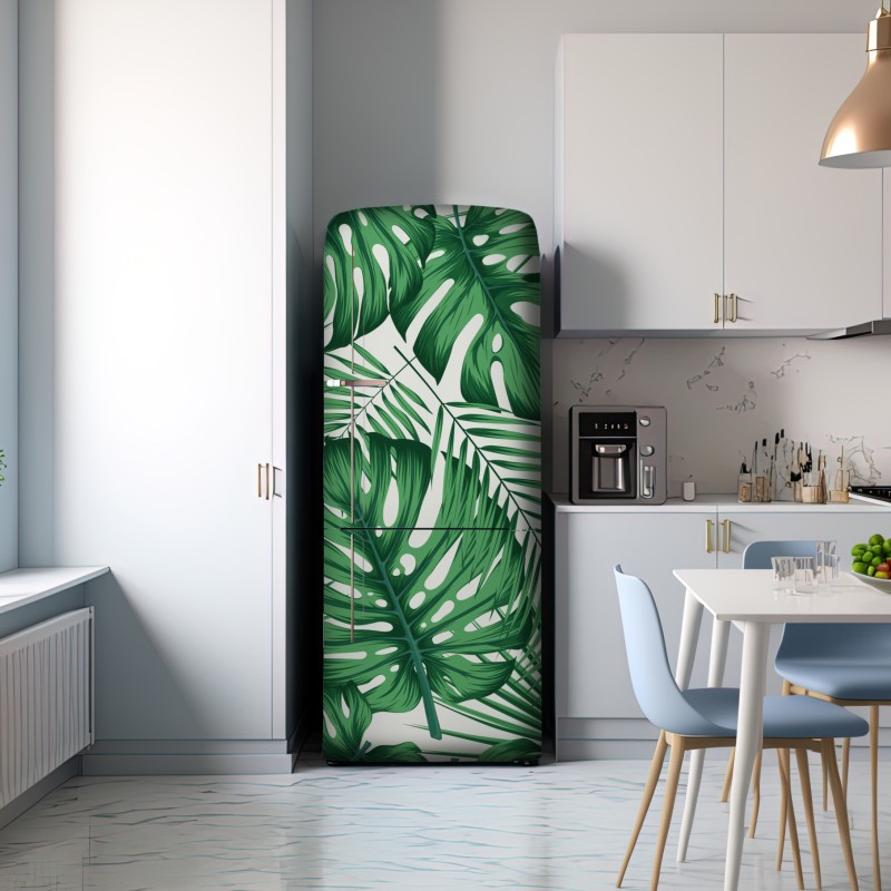 Naklejka na lodówkę tropikalny wzór liści monstery i palm – Wallissimo® Naklejka na lodówkę tropikalny wzór liści monstery i palm – Wallissimo®