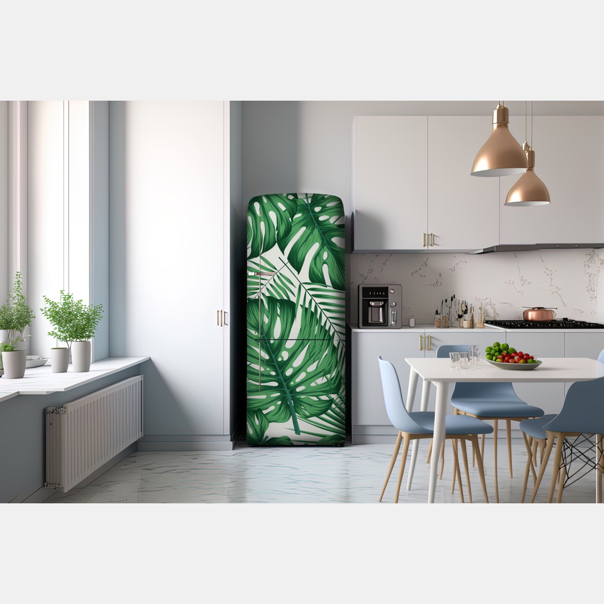 Naklejka na lodówkę tropikalny wzór liści monstery i palm – Wallissimo® Naklejka na lodówkę tropikalny wzór liści monstery i palm – Wallissimo®