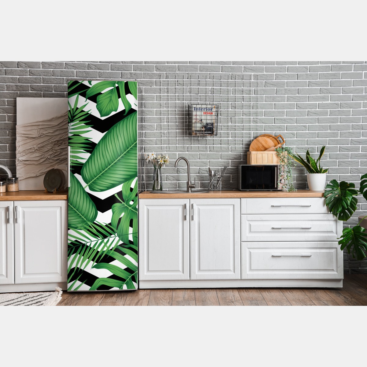 Naklejka na lodówkę tropikalne liście na zygzakowatym tle – Wallissimo® Naklejka na lodówkę tropikalne liście na zygzakowatym tle – Wallissimo®