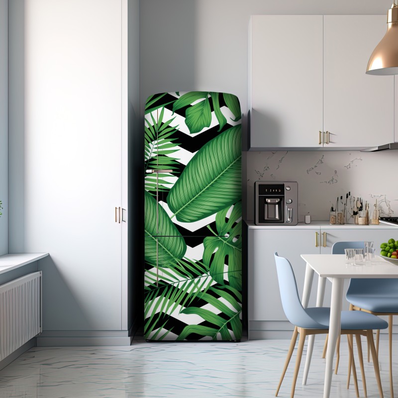 Naklejka na lodówkę tropikalne liście na zygzakowatym tle – Wallissimo® Naklejka na lodówkę tropikalne liście na zygzakowatym tle – Wallissimo®