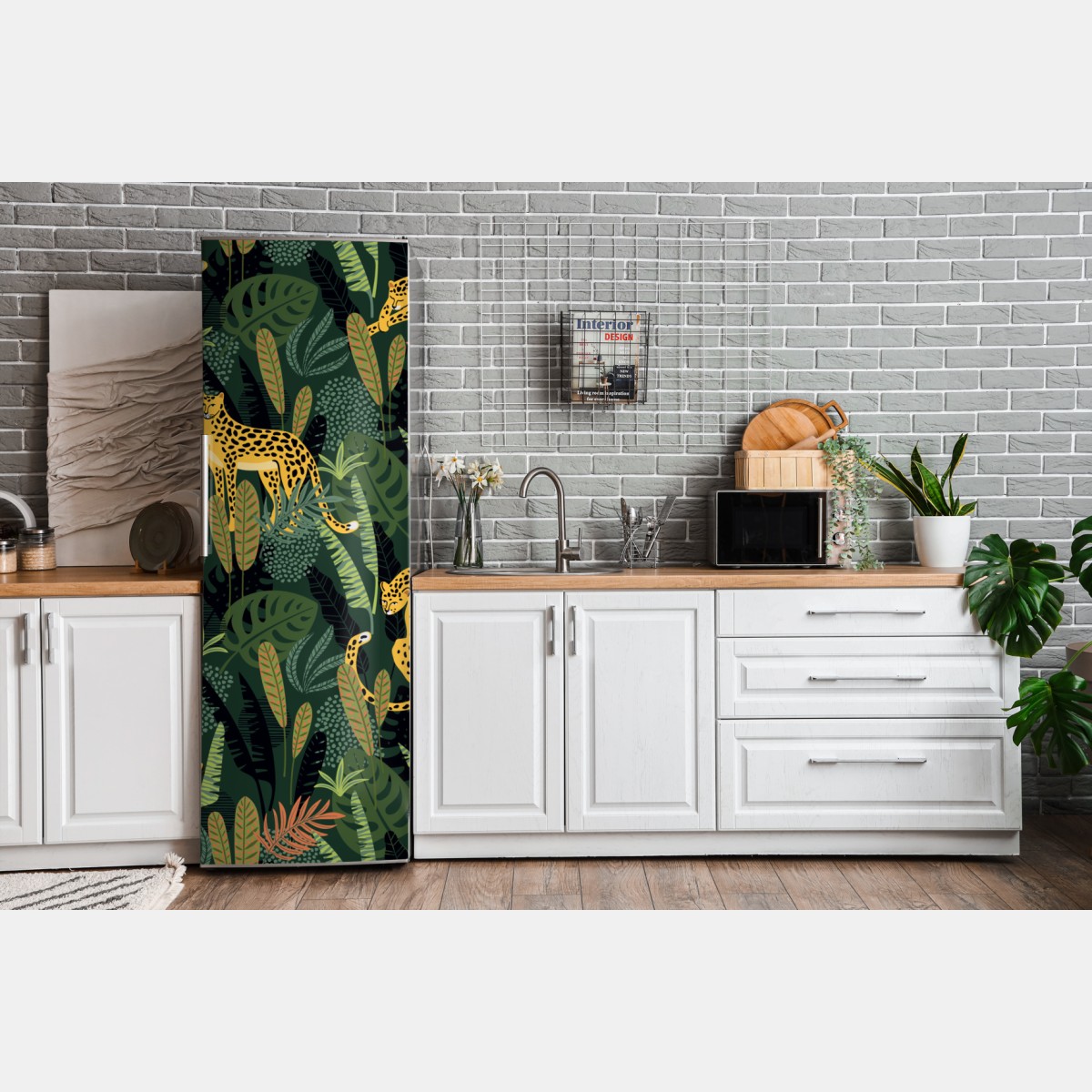 Naklejka na lodówkę tropikalny wzór z lampartami – Wallissimo® Naklejka na lodówkę tropikalny wzór z lampartami – Wallissimo®