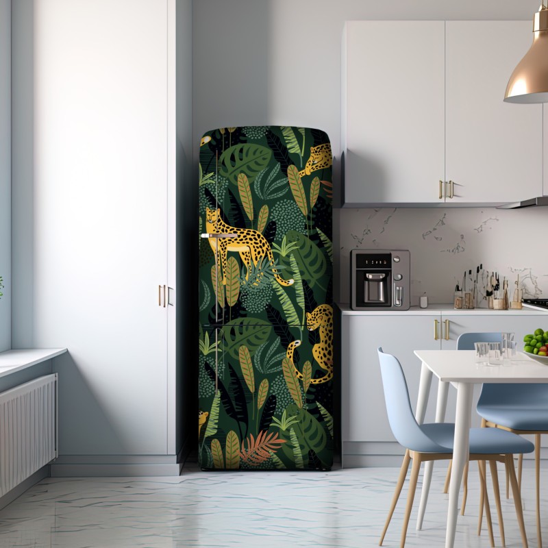 Naklejka na lodówkę tropikalny wzór z lampartami – Wallissimo® Naklejka na lodówkę tropikalny wzór z lampartami – Wallissimo®