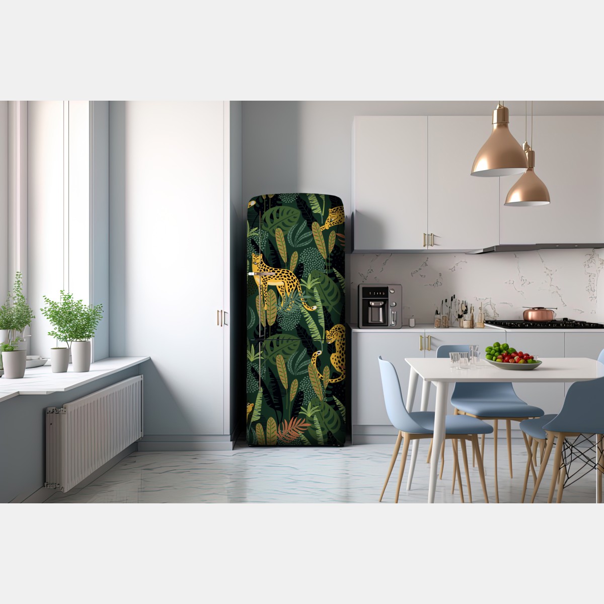 Naklejka na lodówkę tropikalny wzór z lampartami – Wallissimo® Naklejka na lodówkę tropikalny wzór z lampartami – Wallissimo®