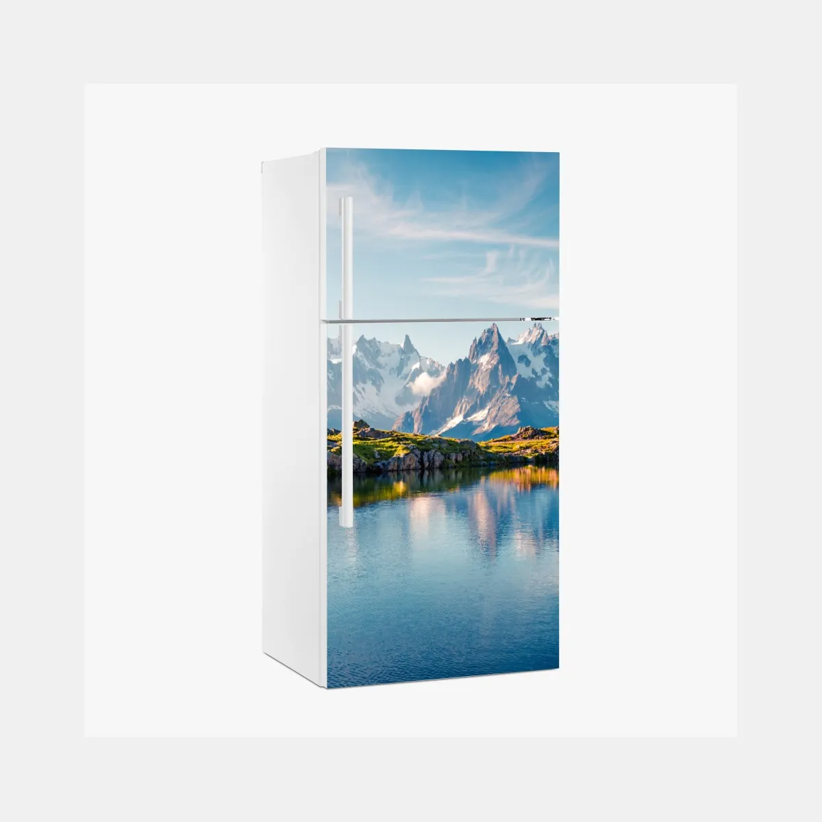 Naklejka na lodówkę panorama Lac Blanc i Mont Blanc – Wallissimo® Naklejka na lodówkę panorama Lac Blanc i Mont Blanc – Wallissimo®