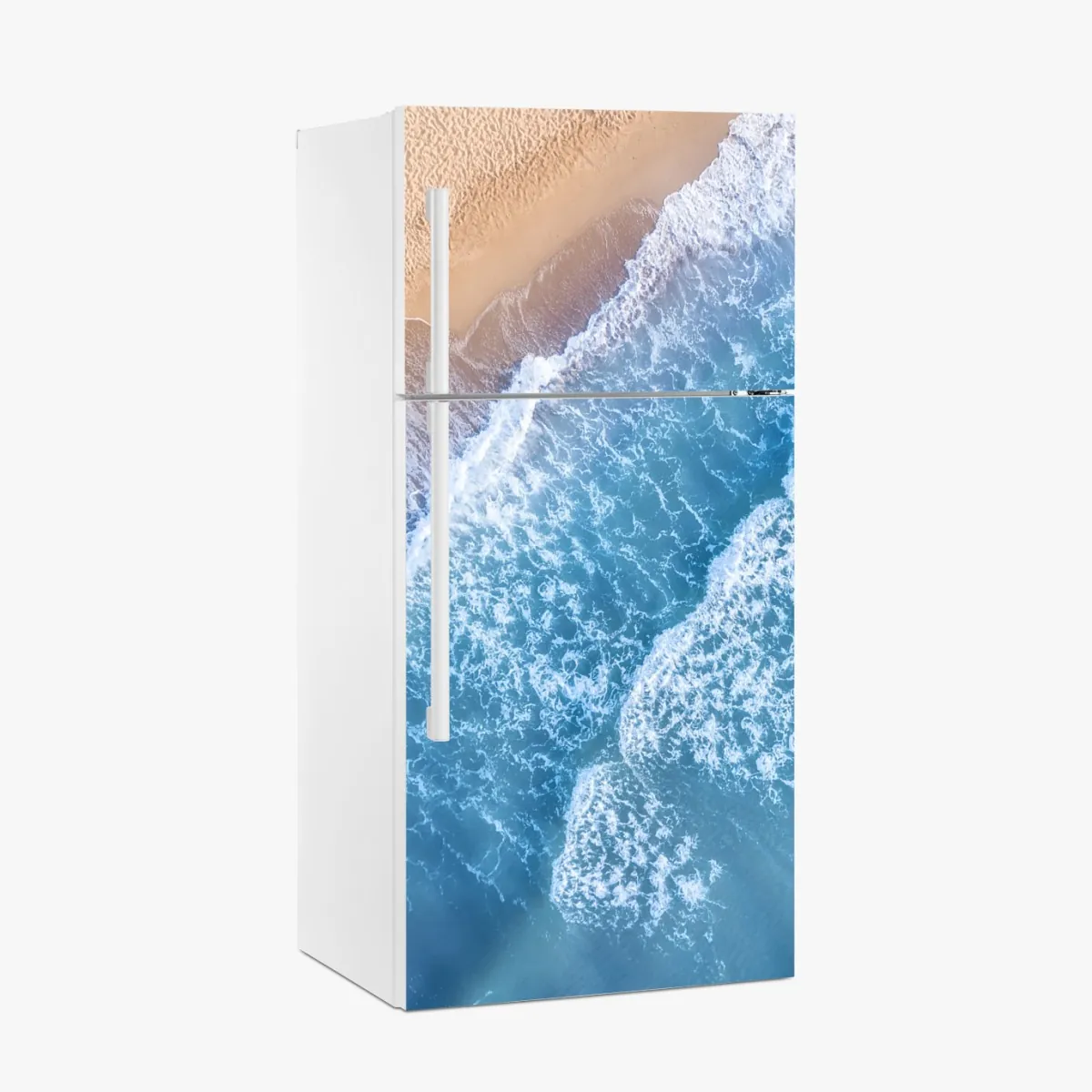 Naklejka na lodówkę widok z lotu ptaka na turkusowe fale i piaszczystą plażę – Wallissimo® Naklejka na lodówkę widok z lotu ptaka na turkusowe fale i piaszczystą plażę – Wallissimo®