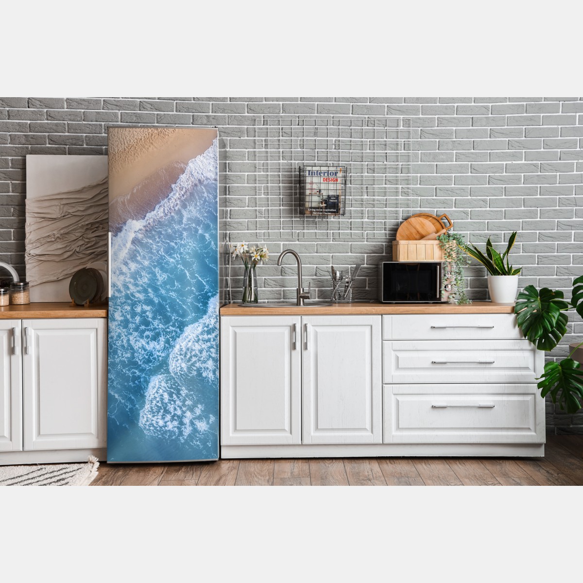 Naklejka na lodówkę widok z lotu ptaka na turkusowe fale i piaszczystą plażę – Wallissimo® Naklejka na lodówkę widok z lotu ptaka na turkusowe fale i piaszczystą plażę – Wallissimo®