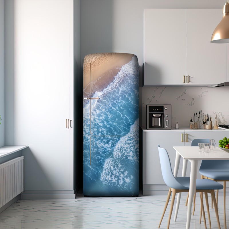 Naklejka na lodówkę widok z lotu ptaka na turkusowe fale i piaszczystą plażę – Wallissimo® Naklejka na lodówkę widok z lotu ptaka na turkusowe fale i piaszczystą plażę – Wallissimo®