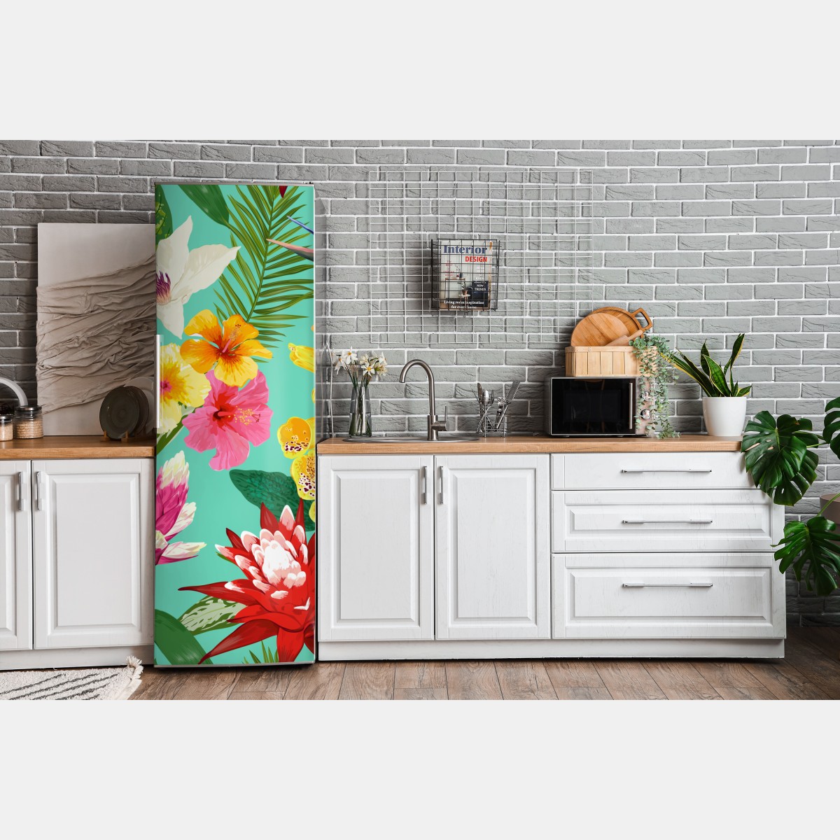Naklejka na lodówkę tropikalne kwiaty na turkusowym tle – Wallissimo® Naklejka na lodówkę tropikalne kwiaty na turkusowym tle – Wallissimo®