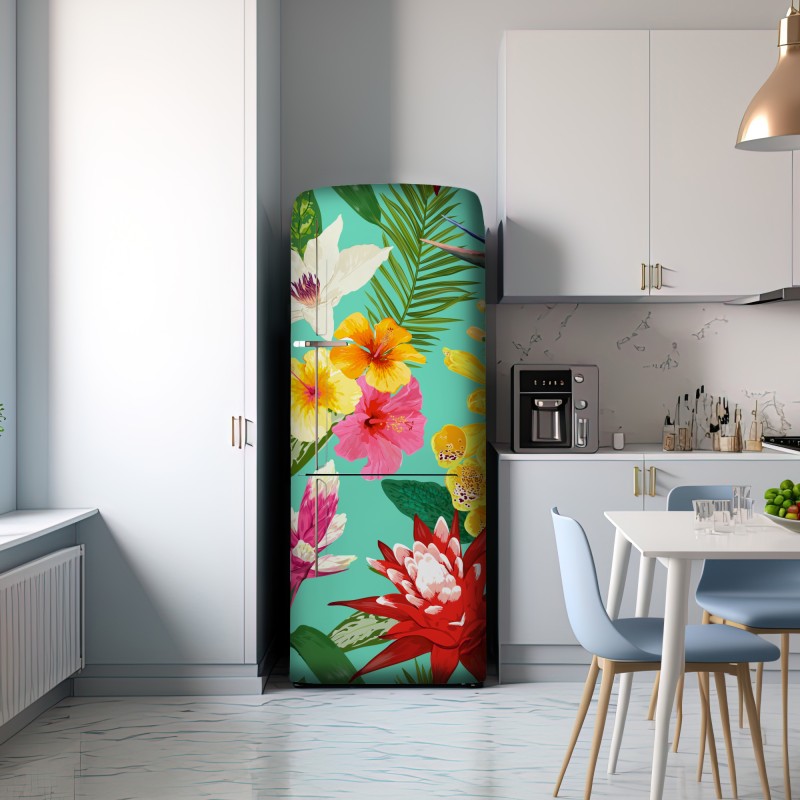 Naklejka na lodówkę tropikalne kwiaty na turkusowym tle – Wallissimo® Naklejka na lodówkę tropikalne kwiaty na turkusowym tle – Wallissimo®