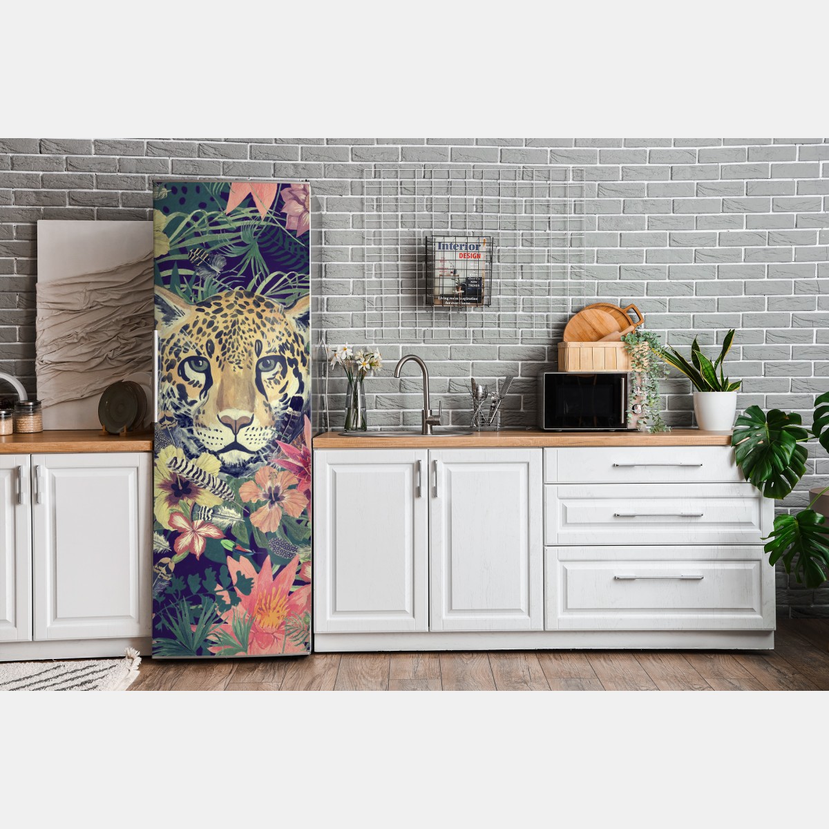 Naklejka na lodówkę vintage akwarelowy lampart w tropikalnych liściach – Wallissimo® Naklejka na lodówkę vintage akwarelowy lampart w tropikalnych liściach – Wallissimo®